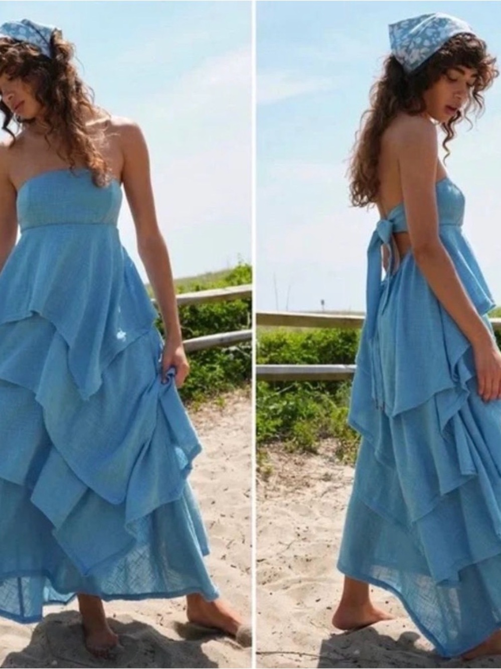 Free People Free-est Seraina Blue Strapless Tie Back Layered Tier Maxi Dress L